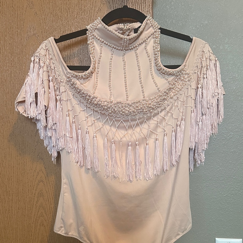 Nude Off The Shoulder Fringe & Pearl Top